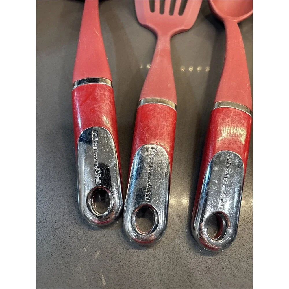 Lot 4 KitchenAid Kitchen Utensils Empire Red Spatula Ladle Reg & Slotted Spoon